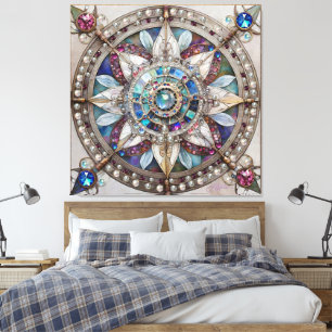 Impressão Em Tela Safiras Rosa e Azul Diamantes Pérolas Mandala