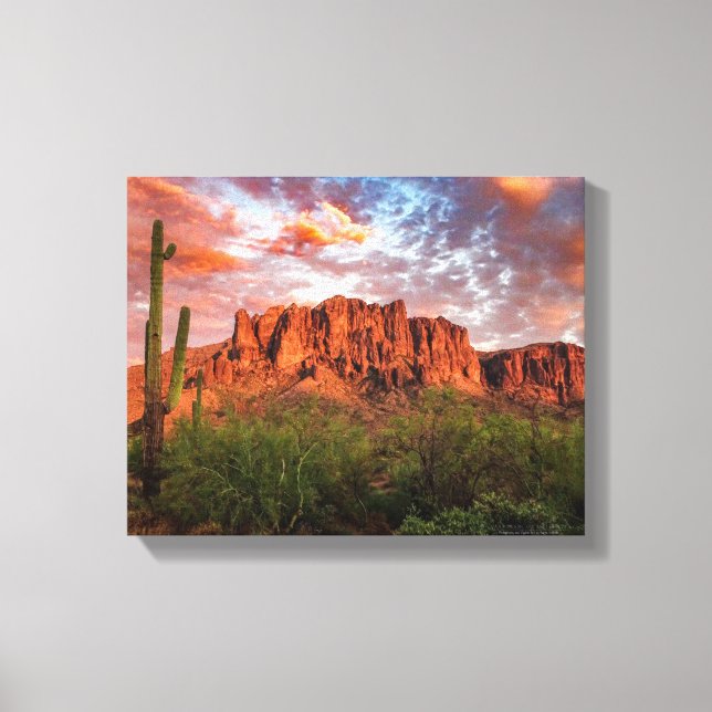 Impressão Em Tela Saguaro Cactus Superstition Mountain Sunset 14x11 (Frente)