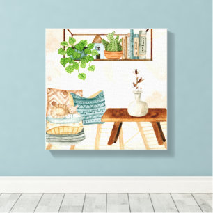 Impressão Em Tela Sala de Estar Boêmia Aconchegante Arte Aquarela