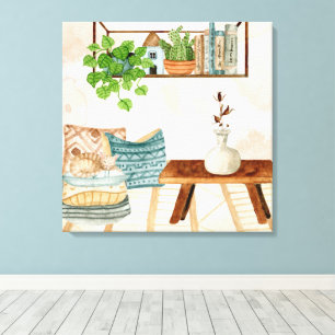 Impressão Em Tela Sala de Estar Boêmia Aconchegante Arte Aquarela