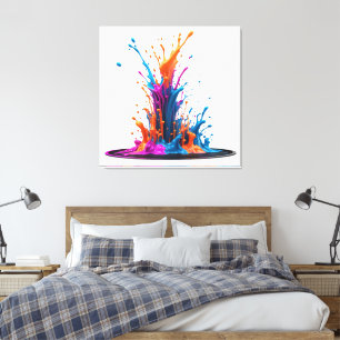 Impressão Em Tela Salpicos de Tinta Vibrante Laranja Azul Rosa Abstr