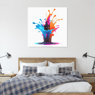 Impressão Em Tela Salpicos de Tinta Vibrante Laranja Azul Rosa Abstr