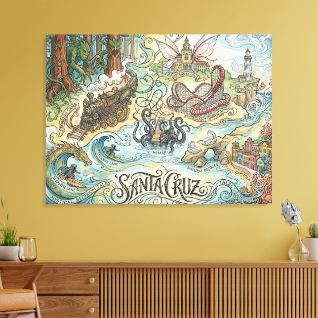 Impressão Em Tela Santa Cruz California Illustrated Map Mythical (Insitu(Sala de estar))