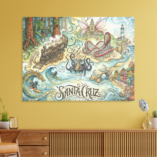 Impressão Em Tela Santa Cruz Califórnia Mapa Ilustrado Mítico