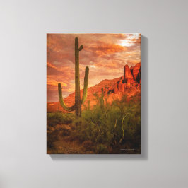 Impressão Em Tela Saquaro Cactus Superstition Mountain Sunset 11x14