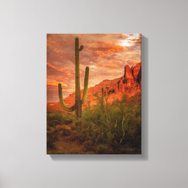 Impressão Em Tela Saquaro Cactus Superstition Mountain Sunset 11x14 (Frente)