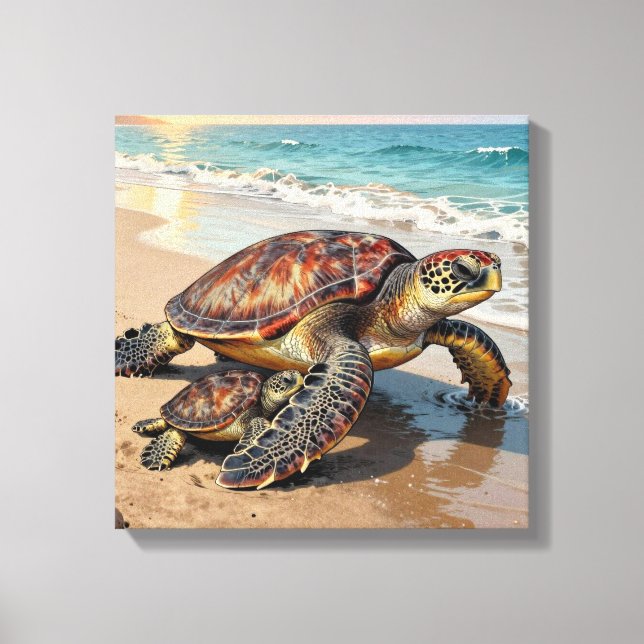 Impressão Em Tela Sea Turtle and Baby on Beach Illustration (Frente)