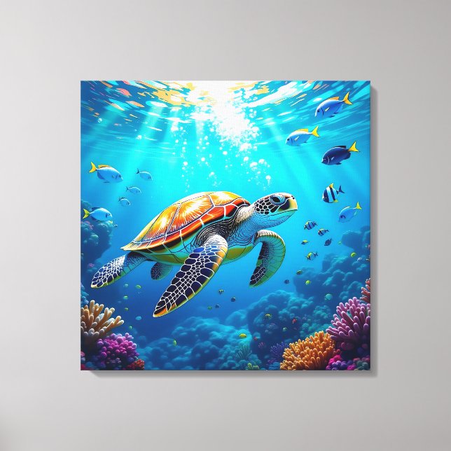 Impressão Em Tela Sea Turtle Vibrant Colorful Underwater Scene (Frente)