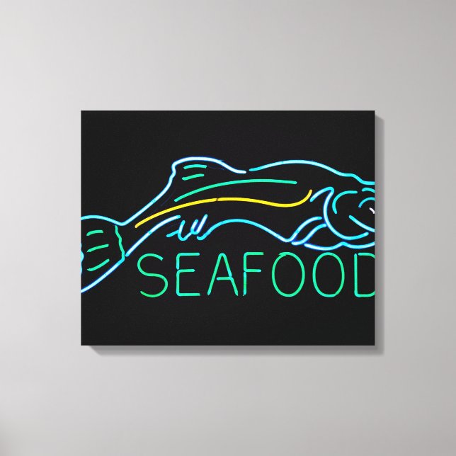 Impressão Em Tela Seafoods com Sinal de Neon de Peixe (Frente)
