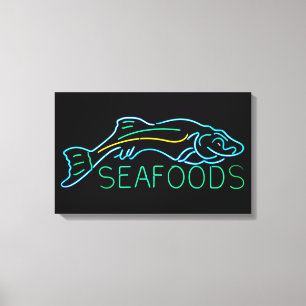 Impressão Em Tela Seafoods com Sinal de Neon de Peixe