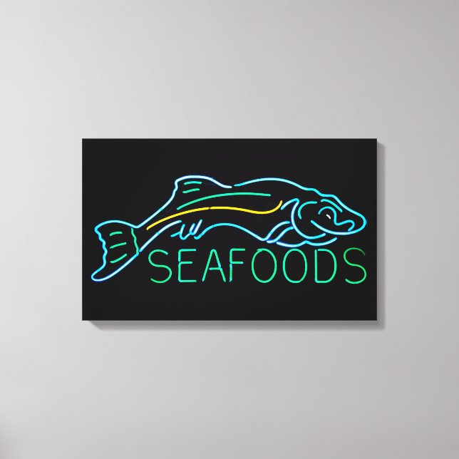Impressão Em Tela Seafoods com Sinal de Neon de Peixe (Frente)