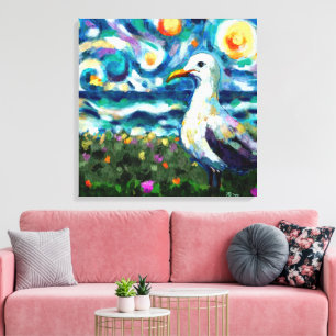 Impressão Em Tela Seagull Van Gogh Style Beach Sky Blue Teal