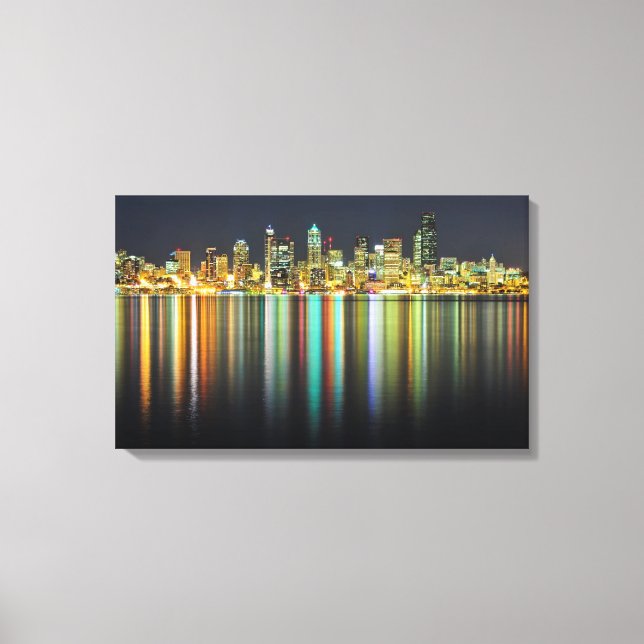Impressão Em Tela Seattle skyline à noite com reflexão (Frente)