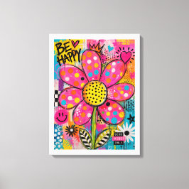 Impressão Em Tela Seja Feliz Flor Colorida Pop Art