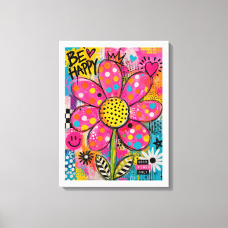 Impressão Em Tela Seja Feliz Flor Colorida Pop Art