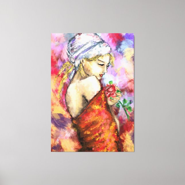 Impressão Em Tela Senhora com Rosa - Pintura Original da Mulher Abst (Frente)