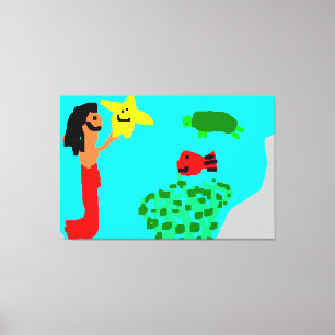 Impressão Em Tela Sereia Star Peixe Tartaruga Arte da Vida Oceânica