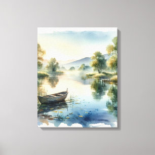 Impressão Em Tela Serena Arte em Tela de Aquarela do Lago com Barco