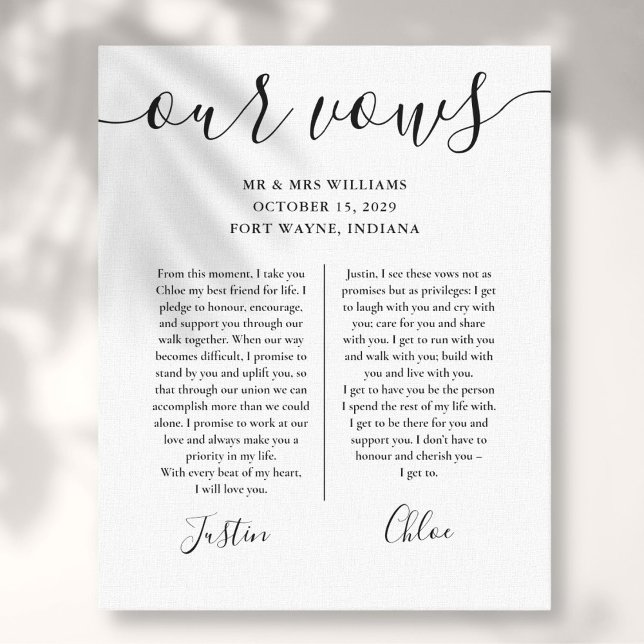 Impressão Em Tela Seu Casamento Vota Escrito Preto E Branco (His And Hers Wedding Vows Black And White Script Canvas Print)
