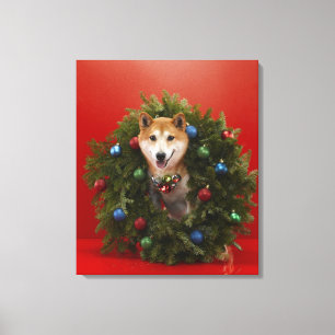 Impressão Em Tela Shiba Inu cão sentado na coroa de Natal