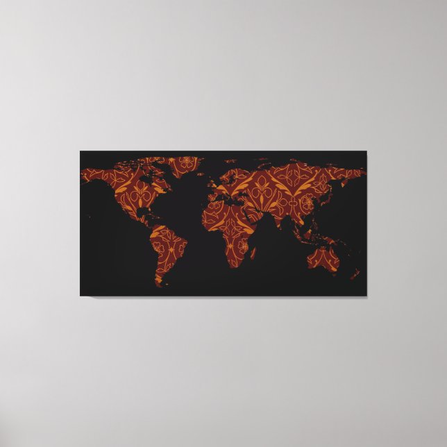 Impressão Em Tela Silhouette do Mapa Mundial - Patten Floral Laranja (Frente)