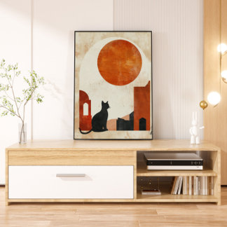 Impressão Em Tela Silhueta de Gato Boho | Deco Minimalista Sol Abstr