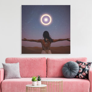 Impressão Em Tela Silhueta de Menina ao Luar Noite Celestial Sonha