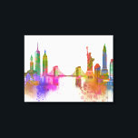 Impressão Em Tela Skyline de Nova York - Arco-íris<br><div class="desc">Skyline Rainbow Bright de Nova York,  por Fab Funky. Apresenta marcas de Nova Iorque famosas em estilo aquarela usando um arco-íris de cores.</div>