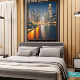 Impressão Em Tela Skyline noturno com Lua cheia: pintura digital ati