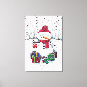 Impressão Em Tela Snowman Com Presentes Na Tela De Aquarela