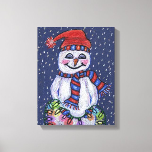 Impressão Em Tela Snowman Sorrindo Segurando Luzes de Natal Neve (Frente)