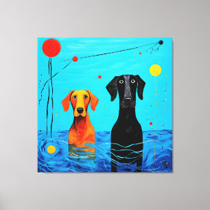 Impressão Em Tela Sob o Horizonte Azul - Cães Surrealistas Coloridos