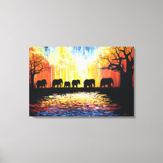 Impressão Em Tela Sol e elefantes africanos - pintura a óleo