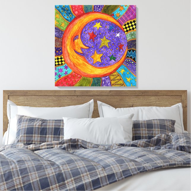 Impressão Em Tela Sol, Lua e Estrelas Coloridos em Tela Envolvida  (Insitu(Quarto))