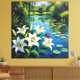 Impressão Em Tela „Sommerglück am See – Marienkäfer auf Lilien“