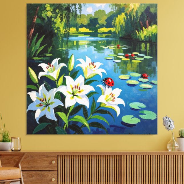 Impressão Em Tela „Sommerglück am See – Marienkäfer auf Lilien“ (Insitu(Sala de estar))