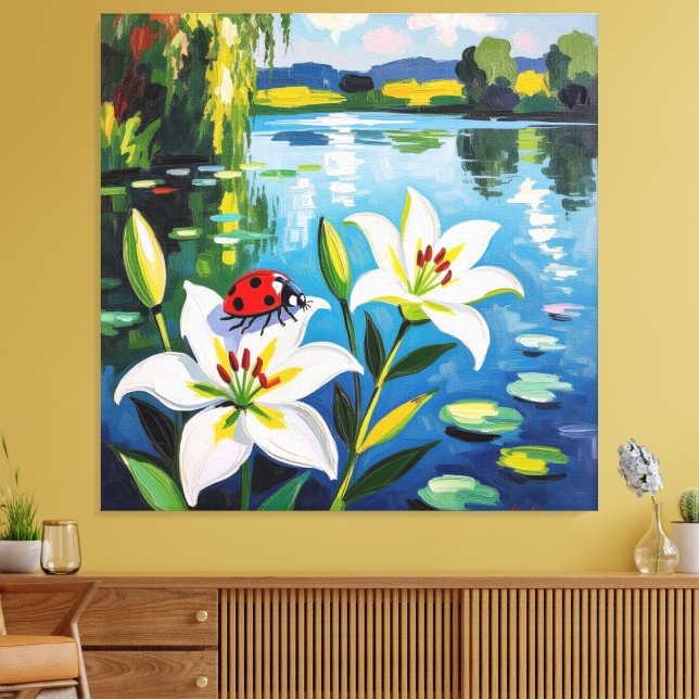 Impressão Em Tela „Sommerglück am See – Marienkäfer auf Lilien“ (Insitu(Sala de estar))