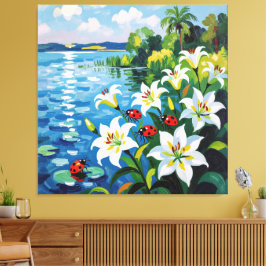 Impressão Em Tela „Sommerglück am See – Marienkäfer auf Lilien“