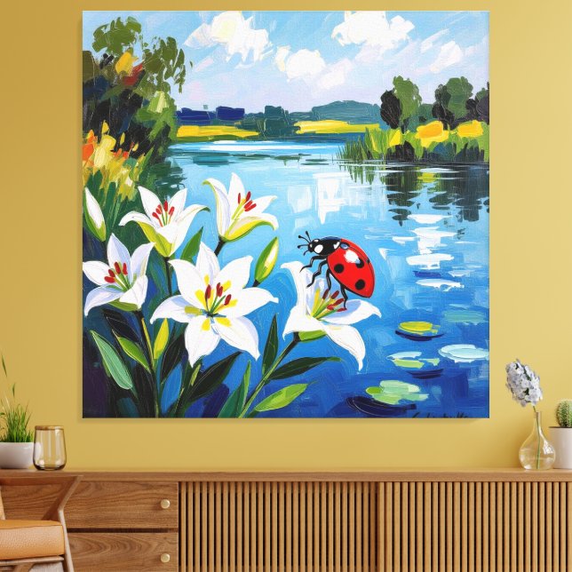 Impressão Em Tela „Sommerglück am See – Marienkäfer auf Lilien“ (Insitu(Sala de estar))