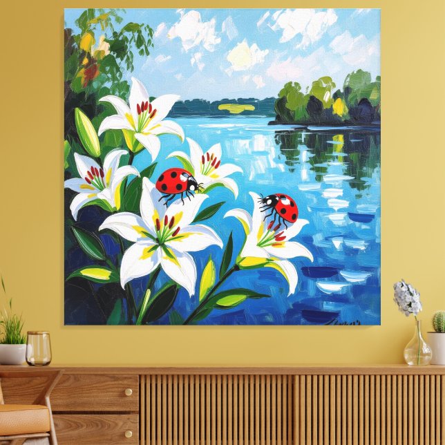 Impressão Em Tela „Sommerglück am See – Marienkäfer auf Lilien“ (Insitu(Sala de estar))