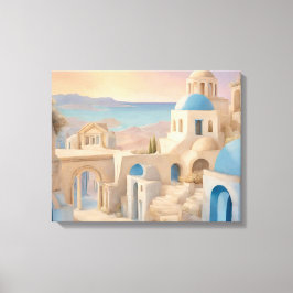 Impressão Em Tela Sonhador Santorini Grécia Aquarela - Cúpula Azul