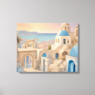 Impressão Em Tela Sonhador Santorini Grécia Aquarela - Cúpula Azul
