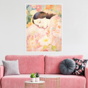 Impressão Em Tela Sonhando em Flor - Mulher Adormecida em Aquarela