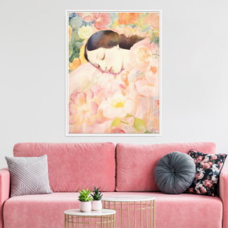 Impressão Em Tela Sonhando em Flor - Mulher Adormecida em Aquarela
