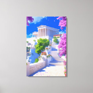 Impressão Em Tela Sonho Grego Paisagem, Edifícios Brancos & Rosa