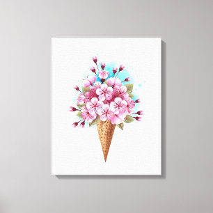 Impressão Em Tela Sorvete Waffle Rosa Sakura Cone