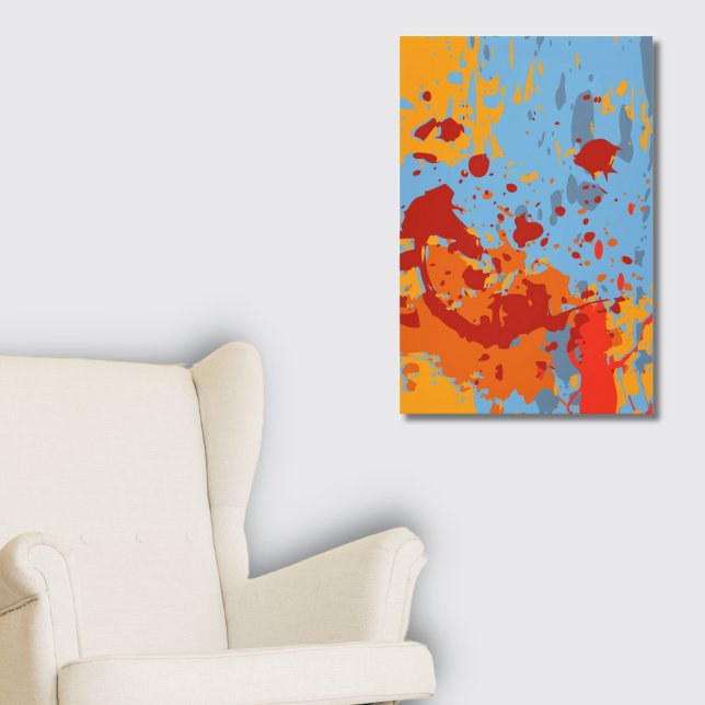 Impressão Em Tela Splatter de pintura azul-alaranjada de Abstrato vi (Vibrant Abstract Summer Blue-Orange Paint Splatter Canvas Print)