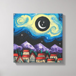 Impressão Em Tela Starry Night Crescent Moon Over Village Art Impres