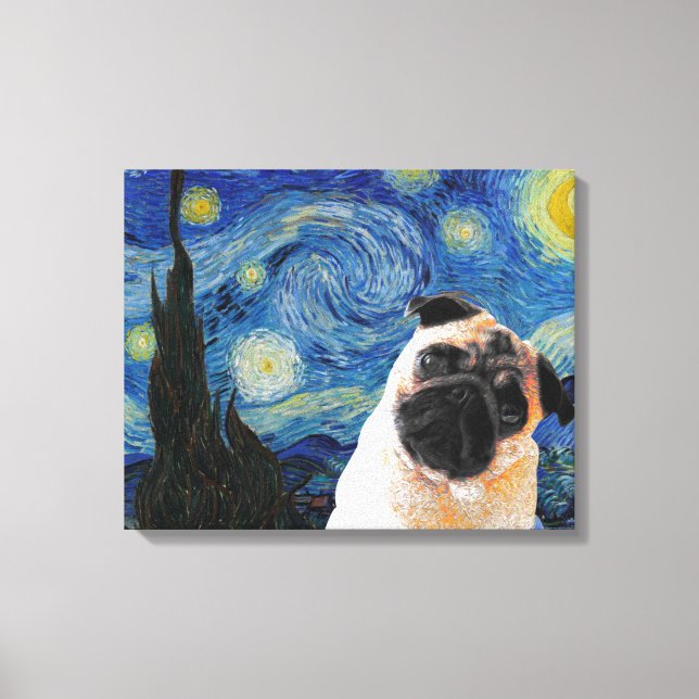 Impressão Em Tela Starry Night Vincent Van Gogh Cute Pug Dog (Frente)