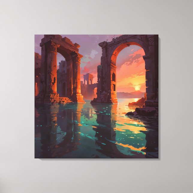 Impressão Em Tela Submerged Ruins - Landscape Illustration Style (Frente)